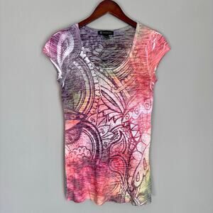 INC Vintage Burnout Graphic Tee Pink Boho Paisley Cap Sleeve Multicolor 2000 Y2K